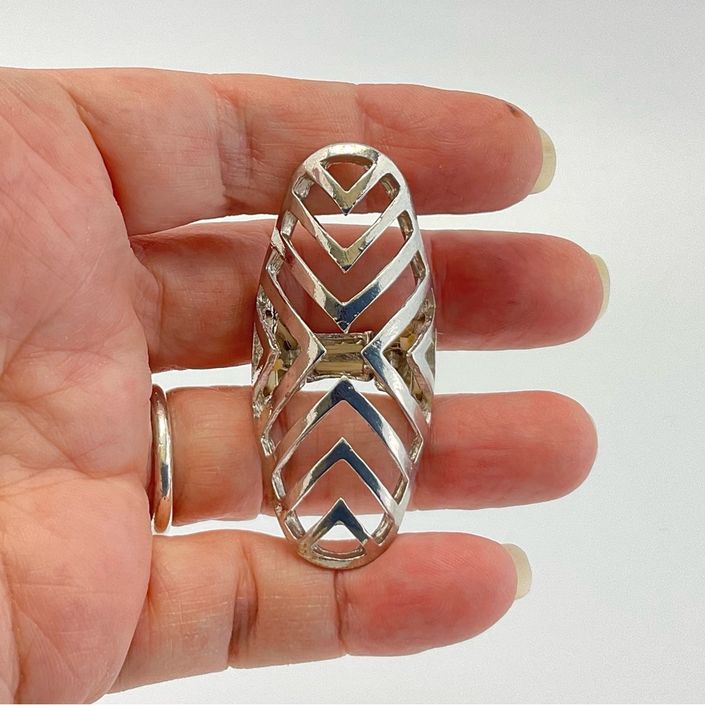 Silver Geometric Cocktail Ring, Stretch Statement… - image 3